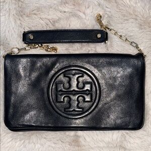AUTH Tory Burch Black Leather Clutch with Gold strap